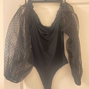Jealous Tomato Black Bodysuit with Sheer Polka Dot Sleeves